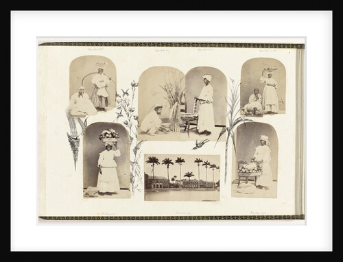 British Guiana, genre portrait women with fruit on dishes, bordered by drawing flora by Anonymous