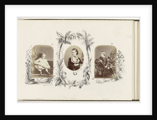 Portrait of Reginald Carter as a child with picture book bordered by drawing flora by Anonymous