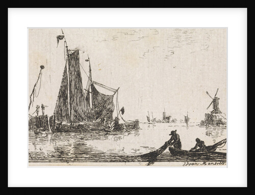A river view with in the foreground a boat with fishermen get their nets by Jan Izaak van Mansvelt
