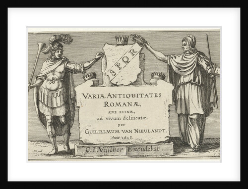 Fame and Arts besides a monumental stone, Anonymous by Claes Jansz. Visscher II