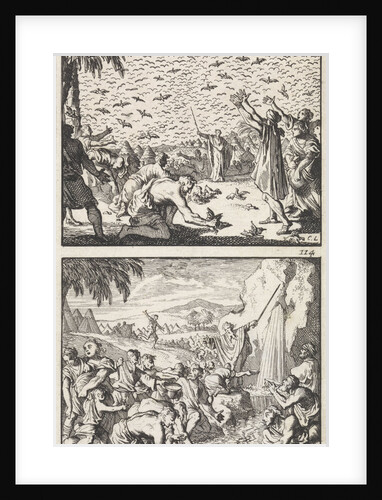 Quail in the desert Moses strikes water from the rock biblical representation by Andries van Damme