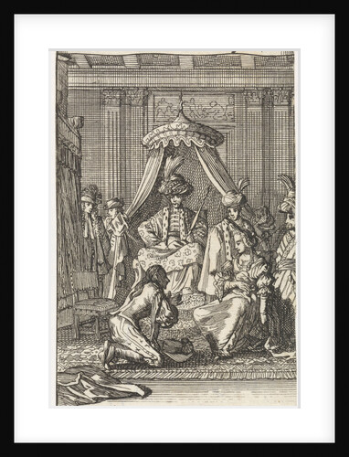 Santillane kneeling in a bedroom in the presence of Guzman, Fabrice, Don Lope and Don Carlos for his wife Leonor by Anonymous