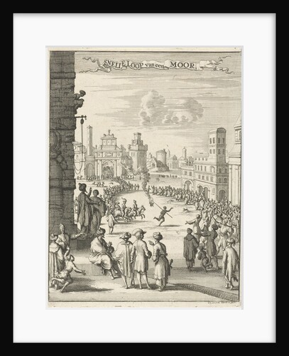 View of a square where a black man with firepit is running by Jan Luyken