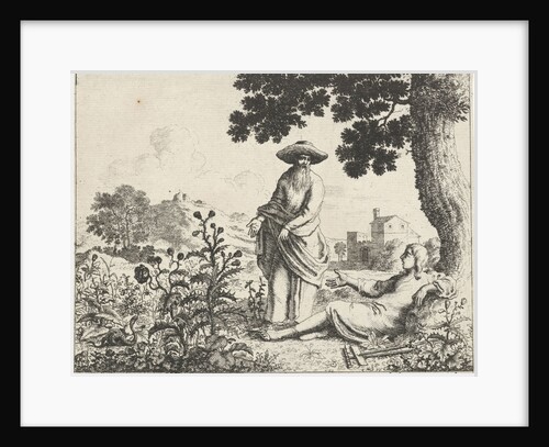 Old man resting points a farmer to a snake by Jan Luyken