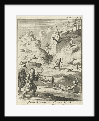 Laplanders move on wooden slats and slides through the snowy landscape by Jan Luyken