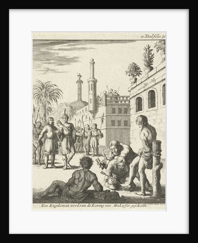 King stands with bow and arrow ready to shoot a bound prisoner by Jan Luyken