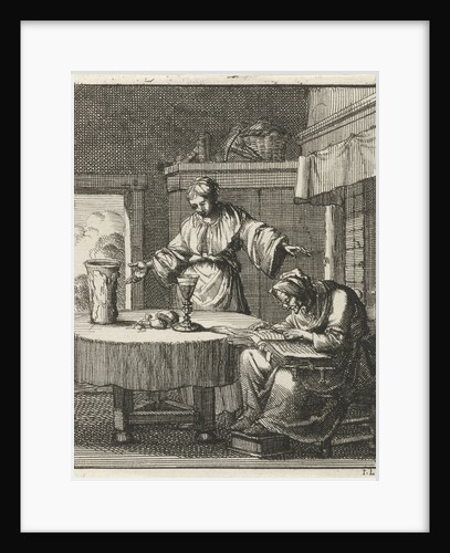 Woman standing at a table where an old woman studying the Bible by Pieter Arentsz II