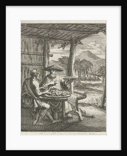 Hermit and his visitor sitting in an open hut at the table by Aart Wolsgrein