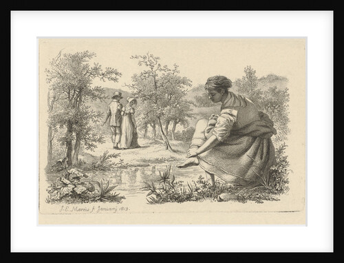 Strolling couple and a girl washes her feet by Jacob Ernst Marcus