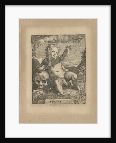 Putto leaning on skull and blowing bubbles by Hendrick Goltzius