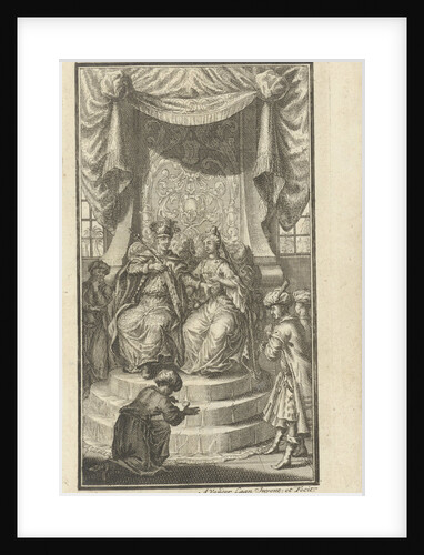 Figures kneel before enthroned emperor and empress by Adolf van der Laan