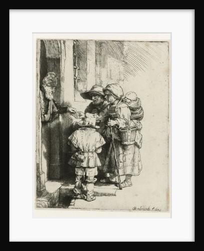 A blind hurdy-gurdy player with family receives a handout by Rembrandt Harmensz. van Rijn