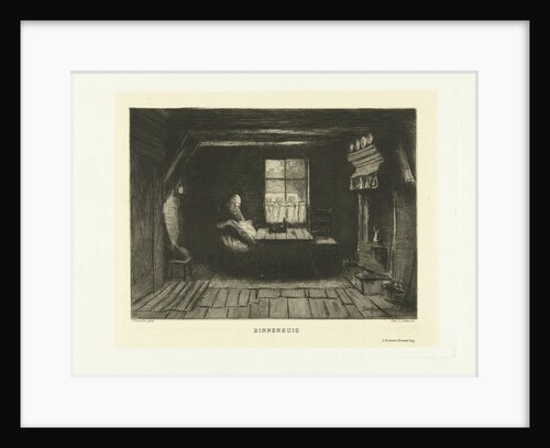 Peasant Woman sitting sewing in interior with a window by J. Bouwens