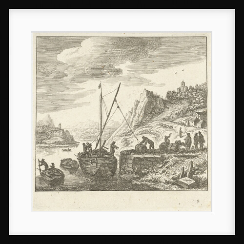 River view with men loading drums on a sailing ship by Herman Saftleven