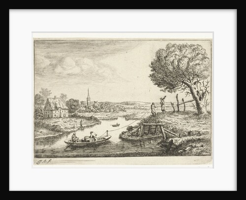 River landscape with barge by Jan van Almeloveen