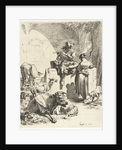 Flute Playing Shepherd and spinster by Nicolaes Pietersz. Berchem