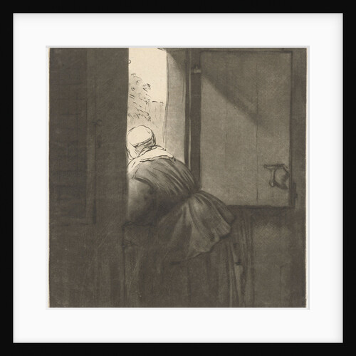Female leaning over a lower door by Rembrandt Harmensz. van Rijn