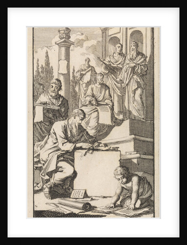 Six scholars with rolls of parchment on the stairs of a temple by Jan Luyken