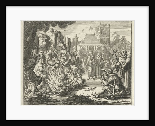 Six men and two women on the Dam before the old town hall burned alive Amsterdam Netherlands by Jan Luyken
