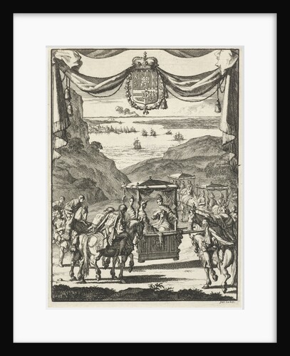 Writer Marie-Catherine d'Aulnoy in a sedan greeted by five riders by Jan Luyken
