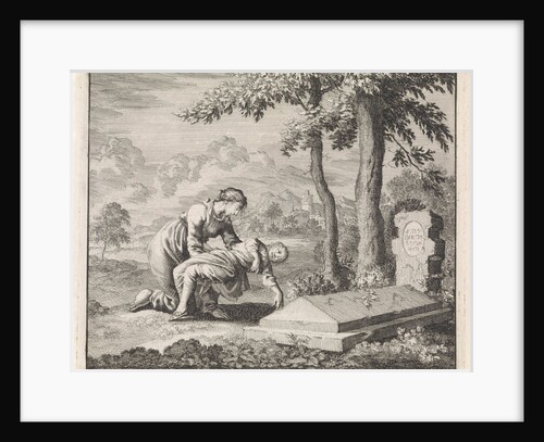 Woman brings her child dead to the grave of Saint Stephen by Jan Luyken