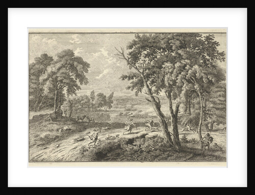 Arcadian river landscape with hunting deer by Leonard Schenk