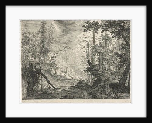 Three hunters in a river in a forest by Aegidius Sadeler