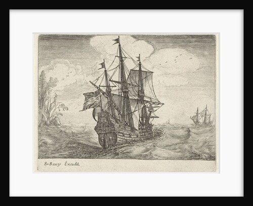 Sailing threemaster and a rocky coast with trees by Salomon Savery
