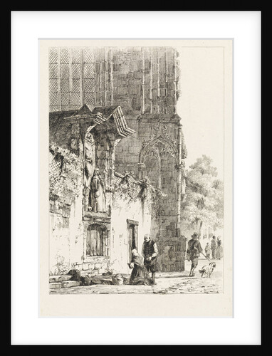 Woman kneeling in front of a chapel by Cornelis Springer