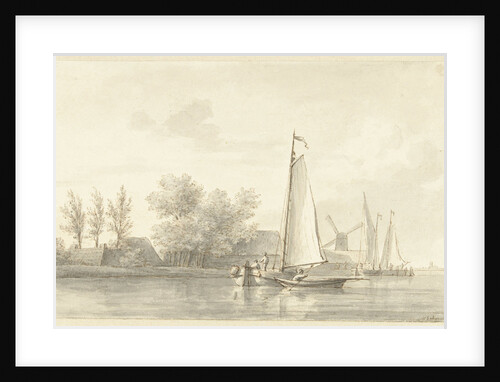 River view with sailing and rowing boat by Martinus Schouman