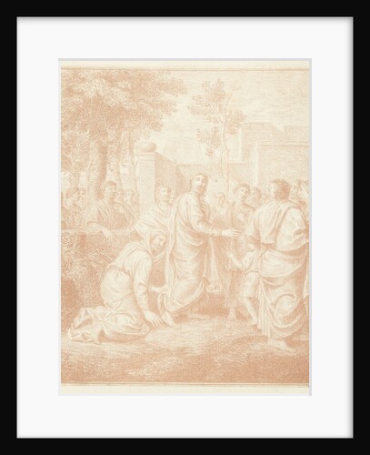 Kneeling woman grabs the mantle of Christ by Louis Fabritius Dubourg