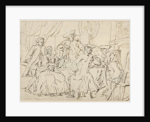 Four men and a lady around a table in a room by Anonymous