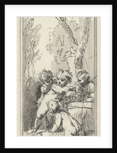 Four putti with palette and brushes in bossage by Jacob de Wit