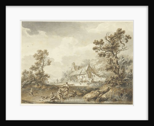 Farm with on the foreground washing women by Hendrik Meijer