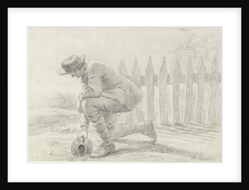 Kneeling man carrying a jar fills in a ditch by Jacob Ernst Marcus