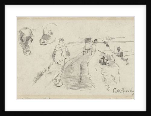 Sketch of a country road with a farmer and cow heads by George Hendrik Breitner