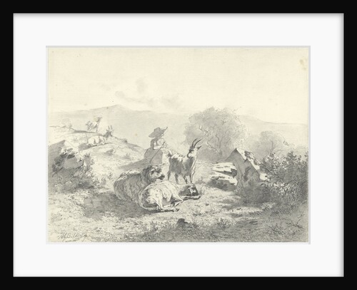 Shepherdess with goats and sheep in mountainous landscape by Gerard Bilders