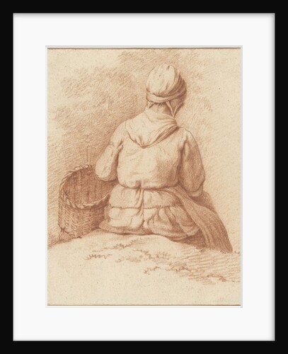 Sitting fisherman's wife with a basket on her arm by Seen from the back