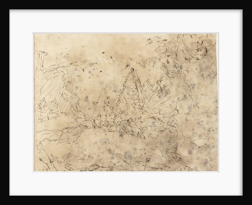 Mountainous landscape with two pyramids and a number of figures by Salvator Rosa