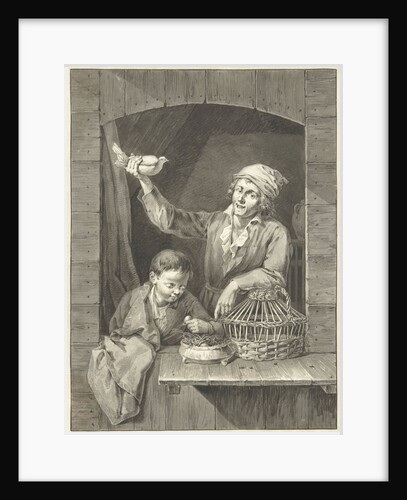 Man and boy in window with dove and eggs by Johannes Pieter de Frey