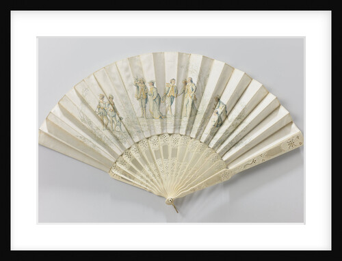 Folding fan with double sheet of white satin painted with oil on which we see a scene of five people dressed as 17th century musketeers by Anonymous