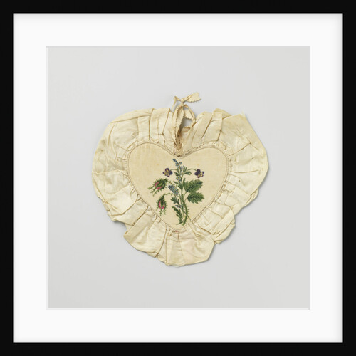 Bag made of durable two hearts lined with velvet, painted with flowers, surrounded by a border of cream-colored wrinkled sil by Anonymous
