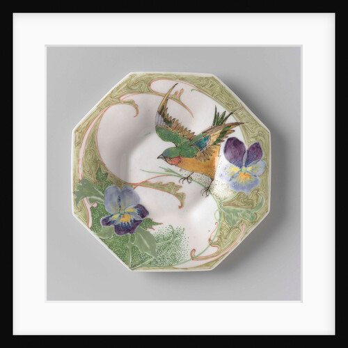 Dish, part of a set, painted with bird and violins by C.W.J. 't Hart