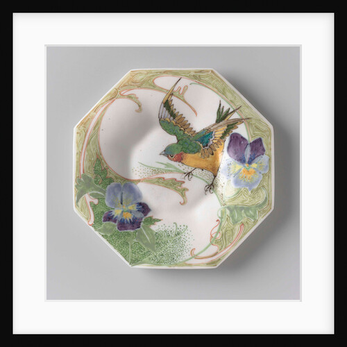 Dish, part of a set, painted with bird and violins by C.W.J. 't Hart