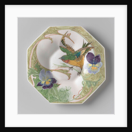 Dish, part of a set, painted with bird and violins by C.W.J. 't Hart