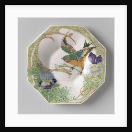 Dish, part of a set, painted with bird and violins by C.W.J. 't Hart