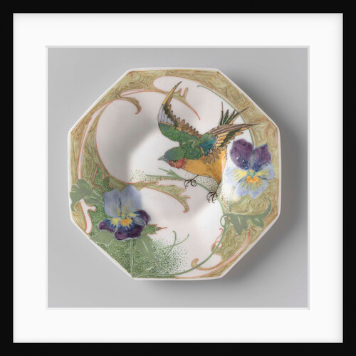 Dish, part of a set, painted with bird and violins by C.W.J. 't Hart