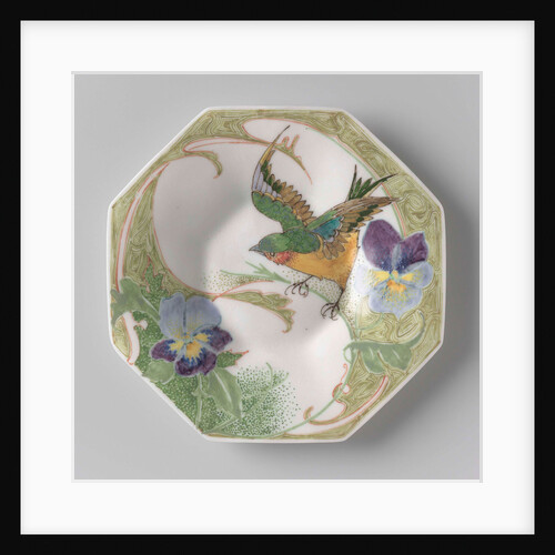 Dish, part of a set, painted with bird and violins by C.W.J. 't Hart
