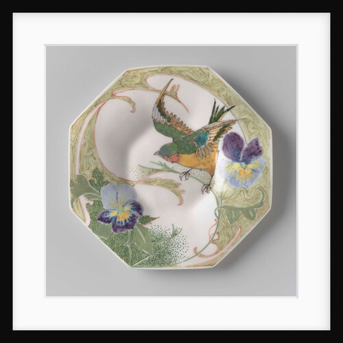 Dish, part of a set, painted with bird and violins by C.W.J. 't Hart