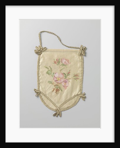 Single leaf of a pouch of ivory satin, on which in watercolor green branches and pink flowers by Anonymous